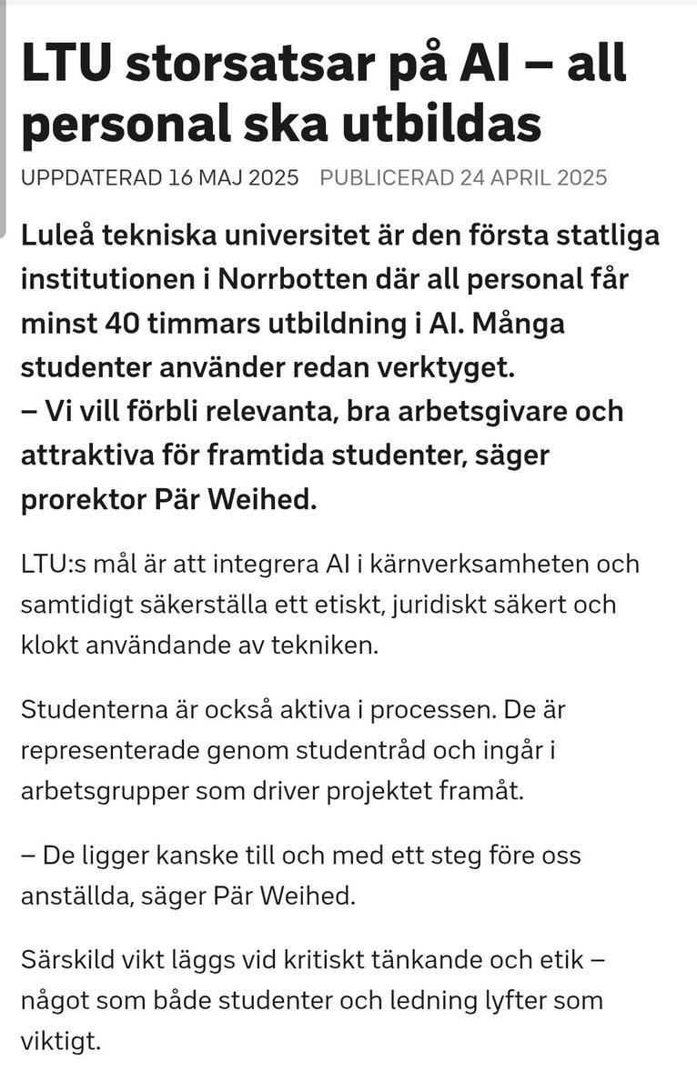 kentlundgren's tweet image. ... Mer om #nyaAI: 
LTU storsatsar på AI – all personal ska utbildas | SVT Nyheter  svt.se/nyheter/lokalt…