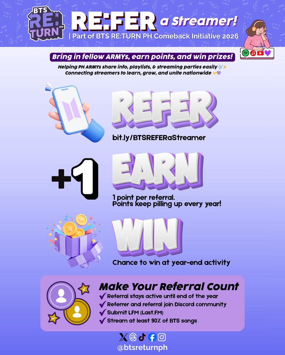 🔁 RE:FER A STREAMER
💜 Know a PH ARMY who’s streaming their heart out for BTS? 👀
We’re on the lookout for Monster Streamers who power the comeback with every play! 🎶

👉 RE:FER a Streamer and help us connect with more ARMYs who keep BTS’ music alive.
📩 RE:FER form link in the