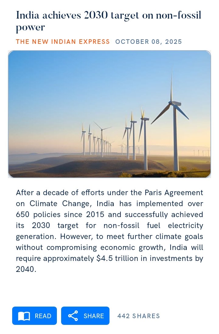SujeetKOfficial's tweet image. India achieves 2030 target on non-fossil power
newindianexpress.com/nation/2025/Oc…
via NaMo App