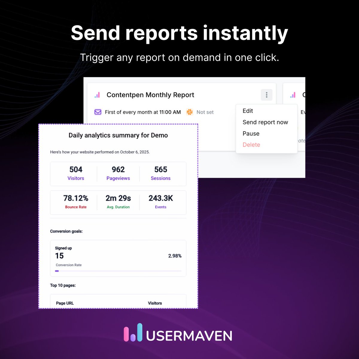 usermaven's tweet image. New features you&apos;ll love! 🚀

- Upgraded Retention in the main menu
- Custom conversion goals with AND/OR logic
- One-click exports for ads &amp;amp; channel data
- Send reports instantly
- Bug fixes &amp;amp; improvements

Want more details? 👇updates.usermaven.com/announcements