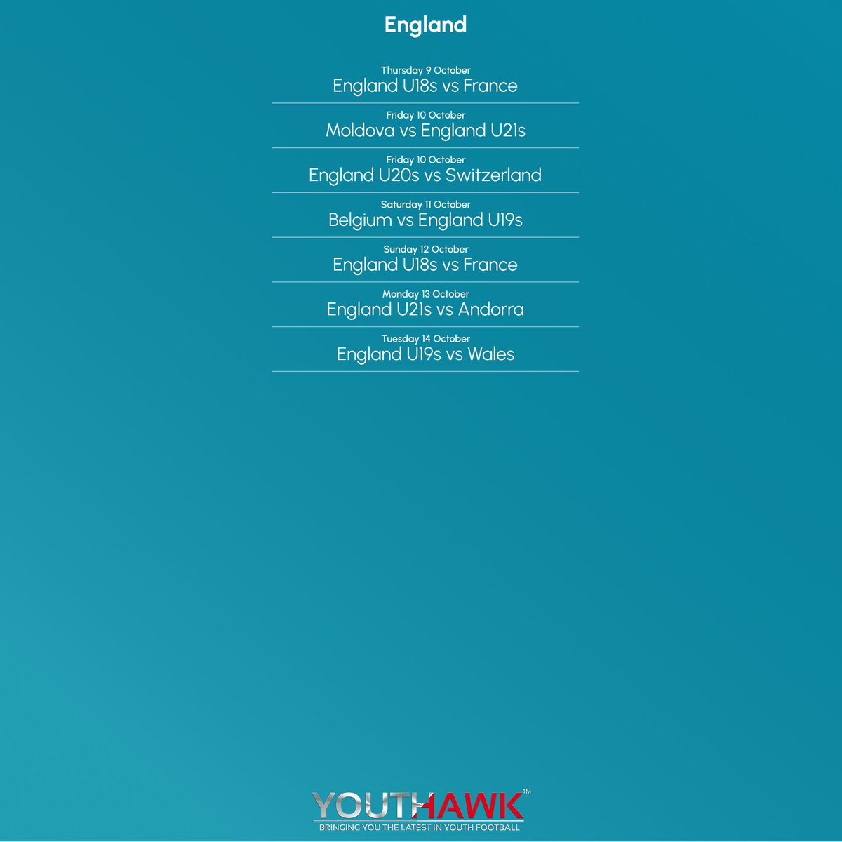 youthhawk's tweet photo. International football is back for England's junior teams! 🏴󠁧󠁢󠁥󠁮󠁧󠁿

Seven games for four different age groups over the next week! 📅 https://t.co/A0KPH3eMNN