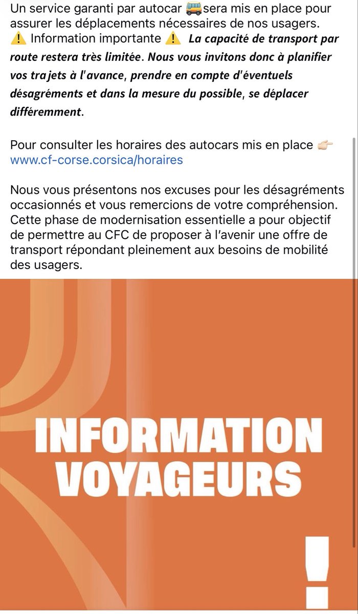 Ds le cadre de projets d’envergure menés par la CdC,des essais dynamiques du nouveau système de gestion automatisée des circulations seront réalisés sur l’ensemble du réseau ce qui entraînera une suspension totale des trains commerciaux du 18/10 au 02/11
👉🏻cf-corse.corsica