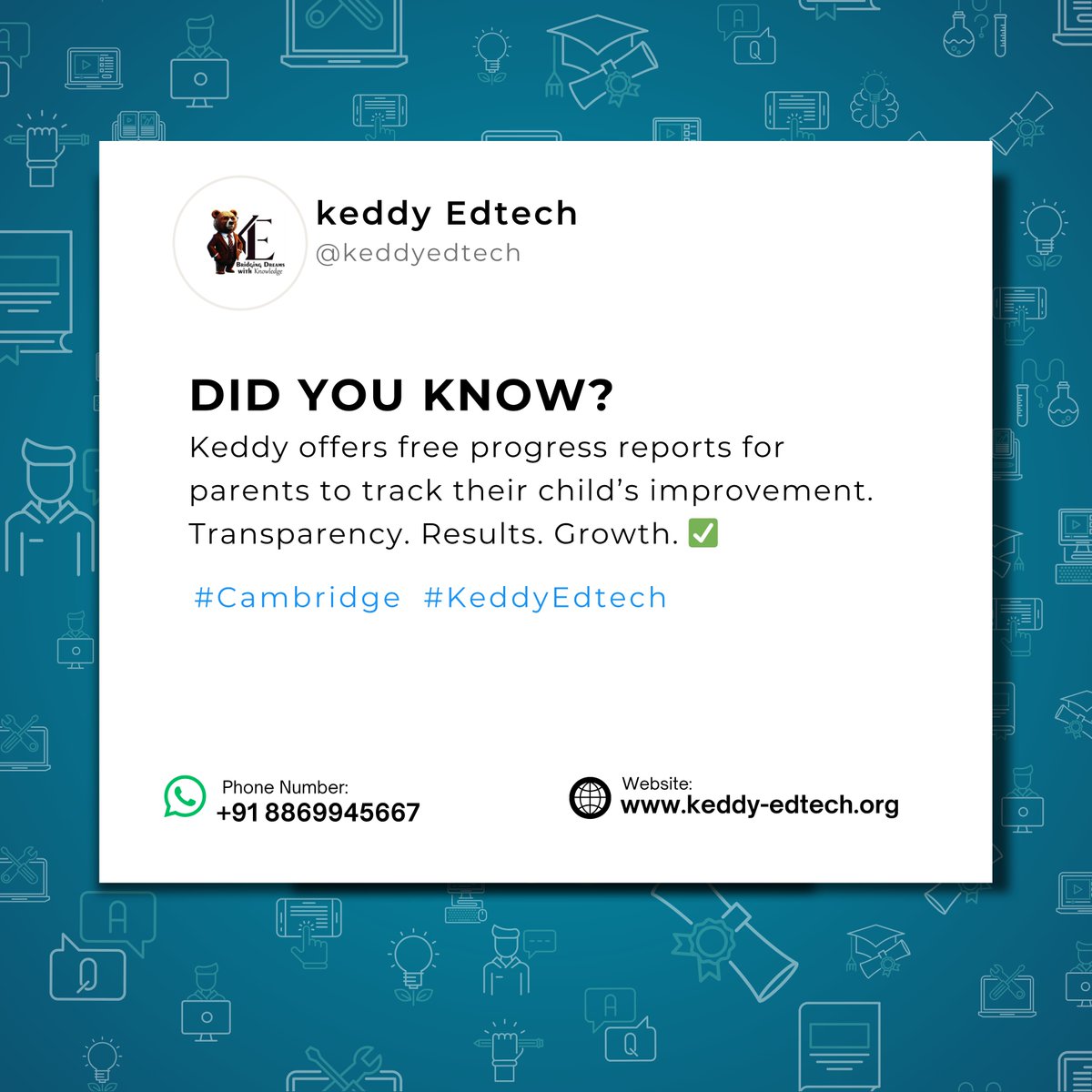 KeddyEdtech's tweet image. Did you know? Keddy offers free progress reports so parents can track their child’s improvement. Transparency. Results. Growth.

🔗 keddy-edtech.org 
 #KeddyEdTech #CambridgeExams #ParentingSupport #IGCSEPrep #SmartLearnin