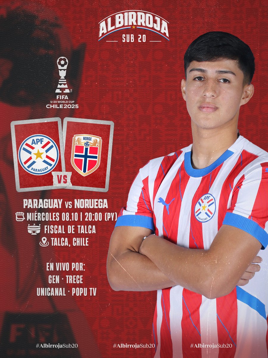 ¡Por otro paso, #AlbirrojaSub20 ⚪🔴!

🆚 🇳🇴
🏆 Copa Mundial Sub-20 de la FIFA - Octavos de Final
🏟️ Estadio Fiscal de Talca
🕗 20:00 h
📺 <a href="/SomosGEN/">GEN</a> | <a href="/Unicanal/">Unicanal</a> | <a href="/trecepy/">TRECE</a> | <a href="/somospopupy/">Popu</a> 

🗞️ lnk.ec/cLyEsj

¡Para adelante siempre! 👊

#VamosParaguay 🇵🇾