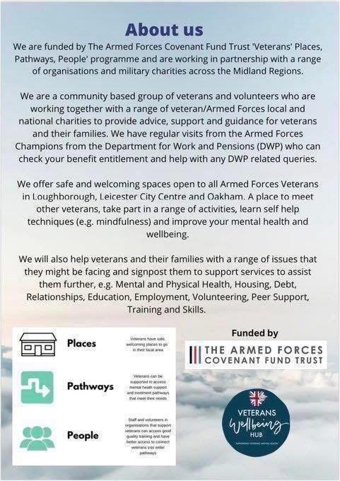 On Wednesday October 15th, The Rutland Veterans Wellbeing Hub will take place, as it usually does, in the Oakham Baptist Church.

During this session, we will be joined by the RAFA ‘Casework &amp; Connections for Life’ team.

connectionsforlife.rafa.org.uk/about-us/