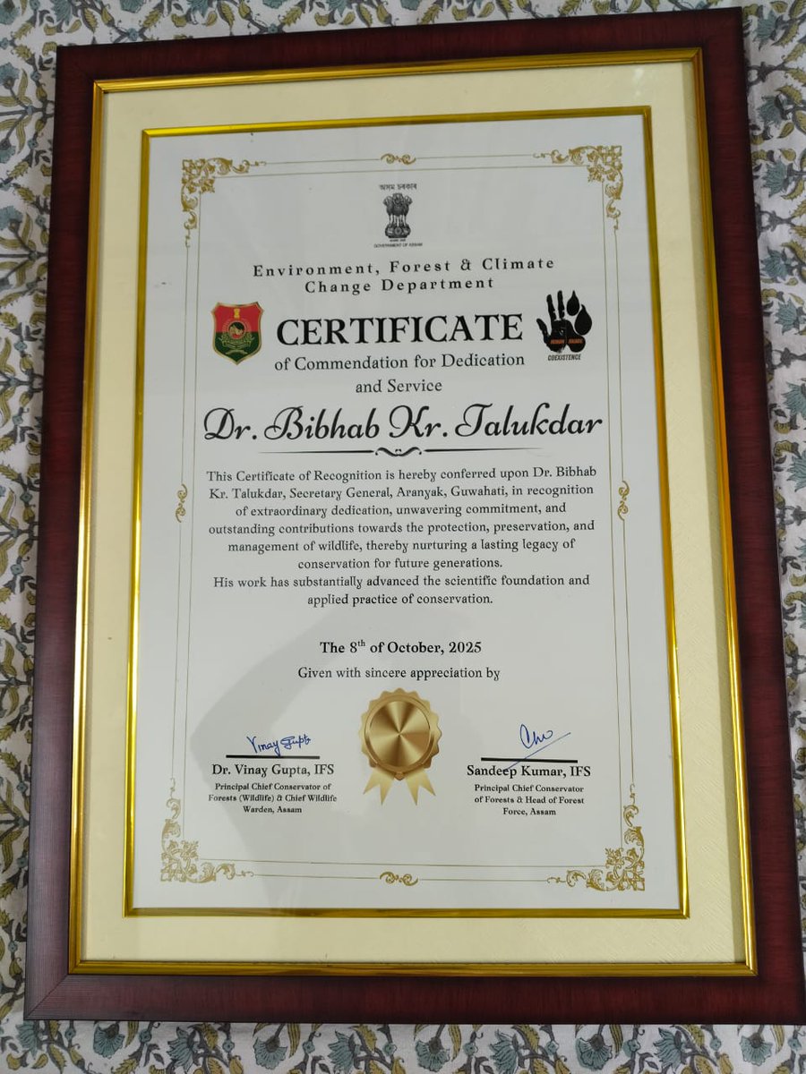 bibhabtalukdar's tweet photo. My gratitude to the Environment, Forests and Climate Change Department of Assam for this #certificate of commendation. I shall continue to complement the efforts of our government to achieve wildlife conservation goals in days to come. @cmpatowary @assamforest @aaranyak @IUCNssc https://t.co/sH6TEw5enk
