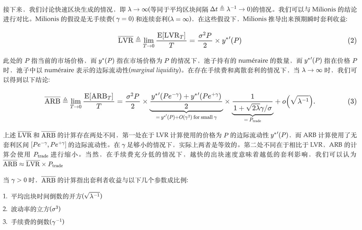 wong_ssh's tweet image. 众所周知,AMM 内的报价由于出块速度总是慢于 CEX 报价,导致 LP 会被套利者逆向选择,那么一个问题是 LP 被逆向选择的损失如何衡量?LVR 是一个重要概念,但是 LVR 假设 AMM 无摩擦且套利者可以连续套利,在引入手续费和出块间隔后,我们可以得到下图的结论。