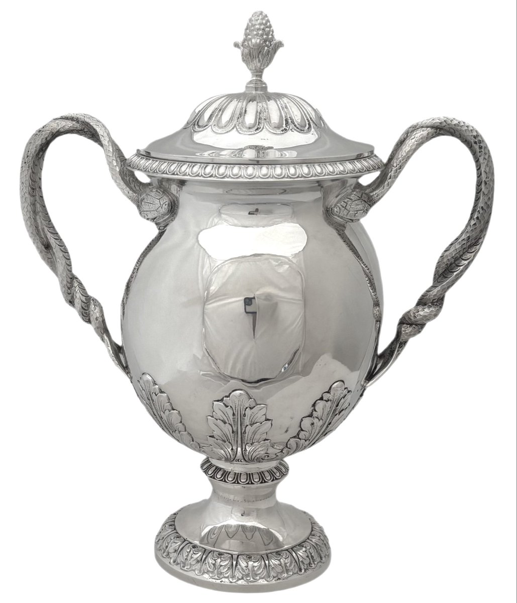 A George V silver cup &amp; cover with snake entwined handles. Hallmarked for London 1926 by Wakely &amp; Wheeler. #silver