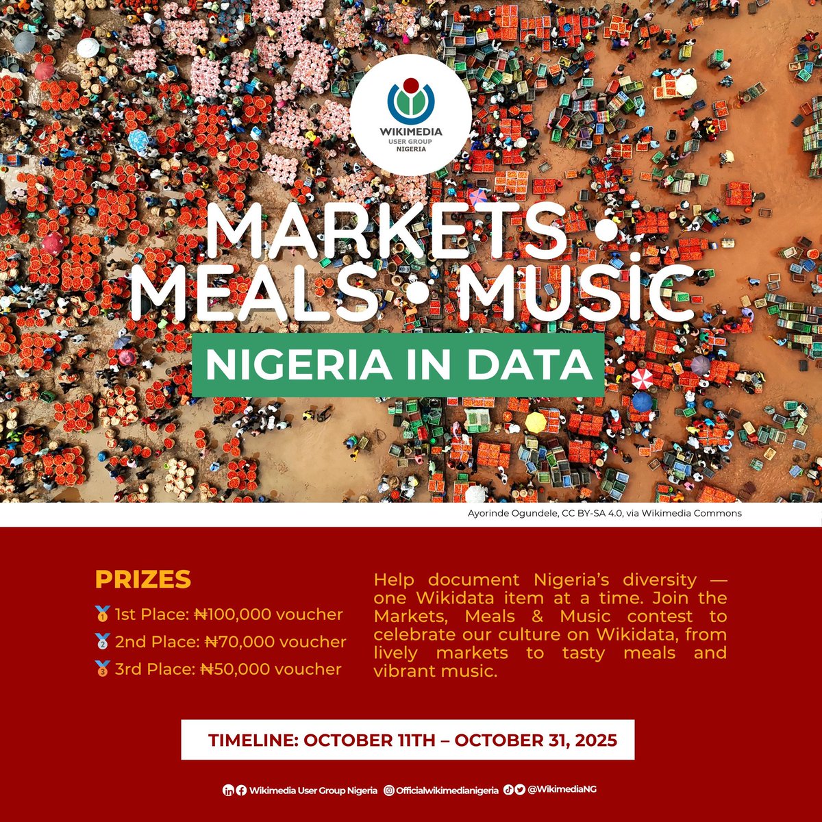 WikimediaNG's tweet photo. We’re excited to announce the Nigeria in Data: Markets, Meals and Music contest, focused on improving existing items and creating new items about Nigerian markets, meals and music.

We invite all Nigerian editors to join the contest from October 11  – October 31st, 2025, as we document Nigeria’s diversity, one Wikidata item at a time. There are amazing prizes to be won for top contributors!

For more details, visit event page and register - https://t.co/J2jtjiYBXn

Join the virtual launch this Saturday, October 11 by 4:00 PM WAT - https://t.co/e957F0uHgu