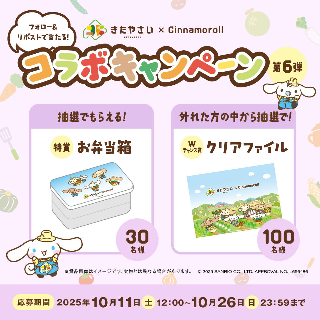 kitayasai2023's tweet image. ホクレン「きたやさい」とシナモロールのコラボキャンペーン第6弾！

北海道の野菜を盛り上げるため、
抽選で「コラボデザイングッズ」があたるキャンペーンを開催中！

締切：2025年10月26日(日)23：59

応募方法
① @kitayasai2023 をフォロー
② この投稿をリポスト