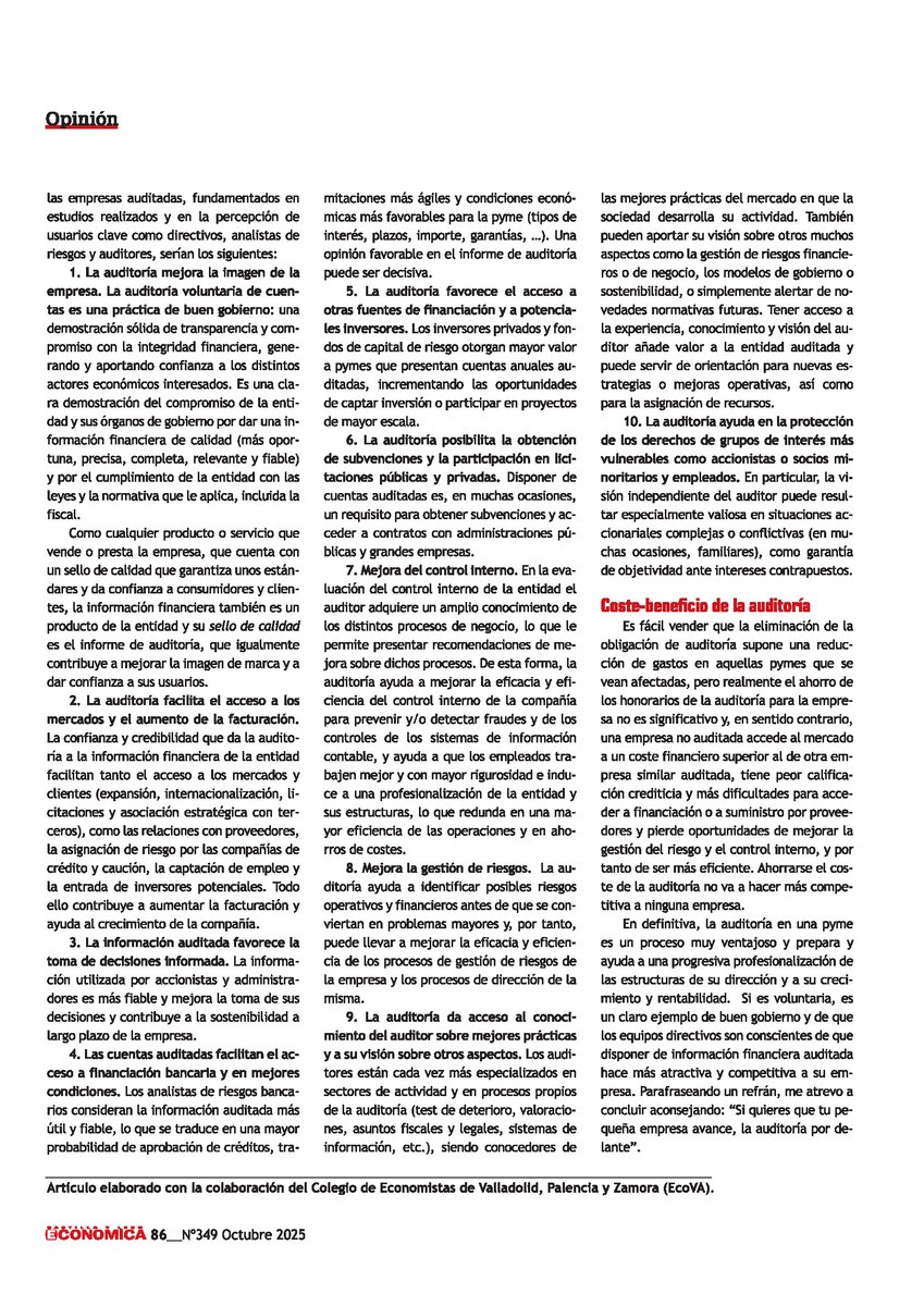 El valor añadido de la auditoría: diez beneficios para las pymes

En @CyLEconomica, Rodrigo Cabrejas, presidente del ICJCE en Castilla y León, explica cómo la auditoría impulsa la transparencia, la confianza y el crecimiento de las pymes
#Auditoría #CastillaYLeón <a href="/ECOnomistaVAlor/">Economistas Valladolid, Palencia y Zamora</a>