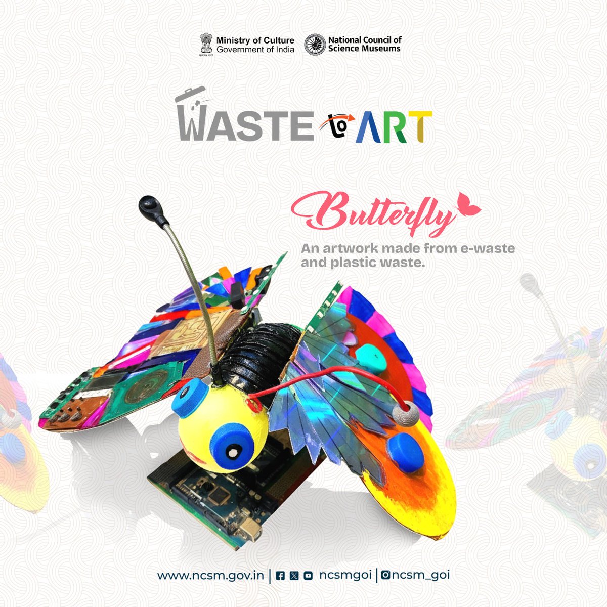 ncsmgoi's tweet photo. Wings of Creativity🦋♻️—Turning everyday waste into a work of art!

As part of #SpecialCampaign5, @rscbhopal, a unit of @ncsmgoi, @MinOfCultureGoI, transformed plastic and e-waste into this stunning butterfly 🦋 — turning trash into art!

#UpcycledArt #CreativeRecycling #EcoArt https://t.co/igl4UNEnN9