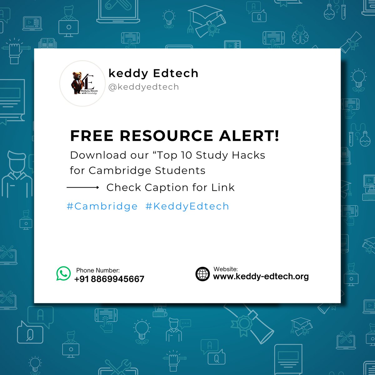 KeddyEdtech's tweet image. Free Resource Alert! Download our guide: Top 10 Study Hacks for Cambridge Students   Smart strategies. Real results. No cost.

🔗 keddy-edtech.org/resources

   #KeddyEdTech #CambridgeExams #StudySmart #FreeDownload #IGCSEPrep