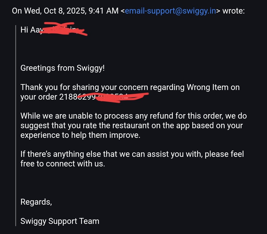 Felixjain1's tweet photo. @Swiggy @jagograhakjago 
Look at the response of Swiggy after giving a wrong order https://t.co/TAoKAfmzHC