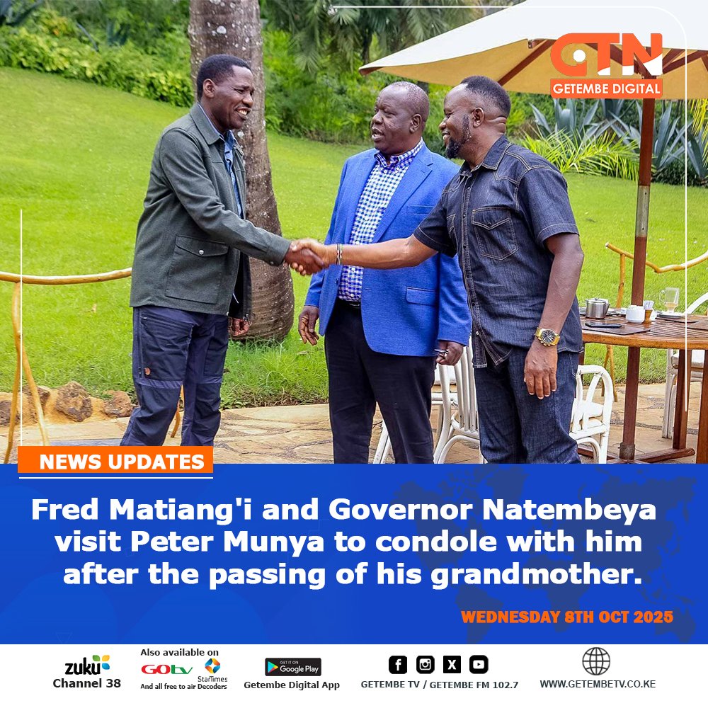 GetembeTV's tweet photo. Fred Matiang'i and Governor Natembeya visit Peter Munya to condole with him after the passing of his grandmother.
#getembedigital #FredMatiangi #GovernorNatembeya #PeterMunya #Condolences #KenyaLeaders https://t.co/efTG6aa87h