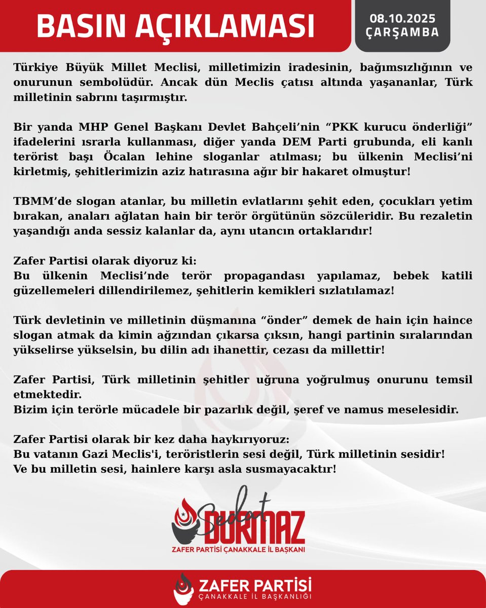Dün Gazi Meclis Çatısı Altında yaşanan ihanet ile ilgili basın açıklamamızdır;

<a href="/zaferpartisi/">Zafer Partisi</a> 
<a href="/umitozdag/">Ümit Özdağ</a> 
<a href="/sdtdrmz_/">Sedat Durmaz</a>