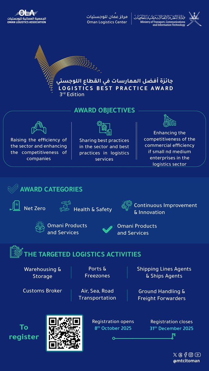 هل مستعد للتميز في القطاع اللوجستي؟ 🚛✨  

شارك الآن في "جائزة أفضل الممارسات في القطاع اللوجستي"-النسخة الثالثة-

📅 الموعد النهائي: 31 ديسمبر 2025
للتسجيل 👇🏻
logistics-bpa.com

Are you ready to excel in the logistics sector? 🚛✨  

Join now in the "Logistics Best