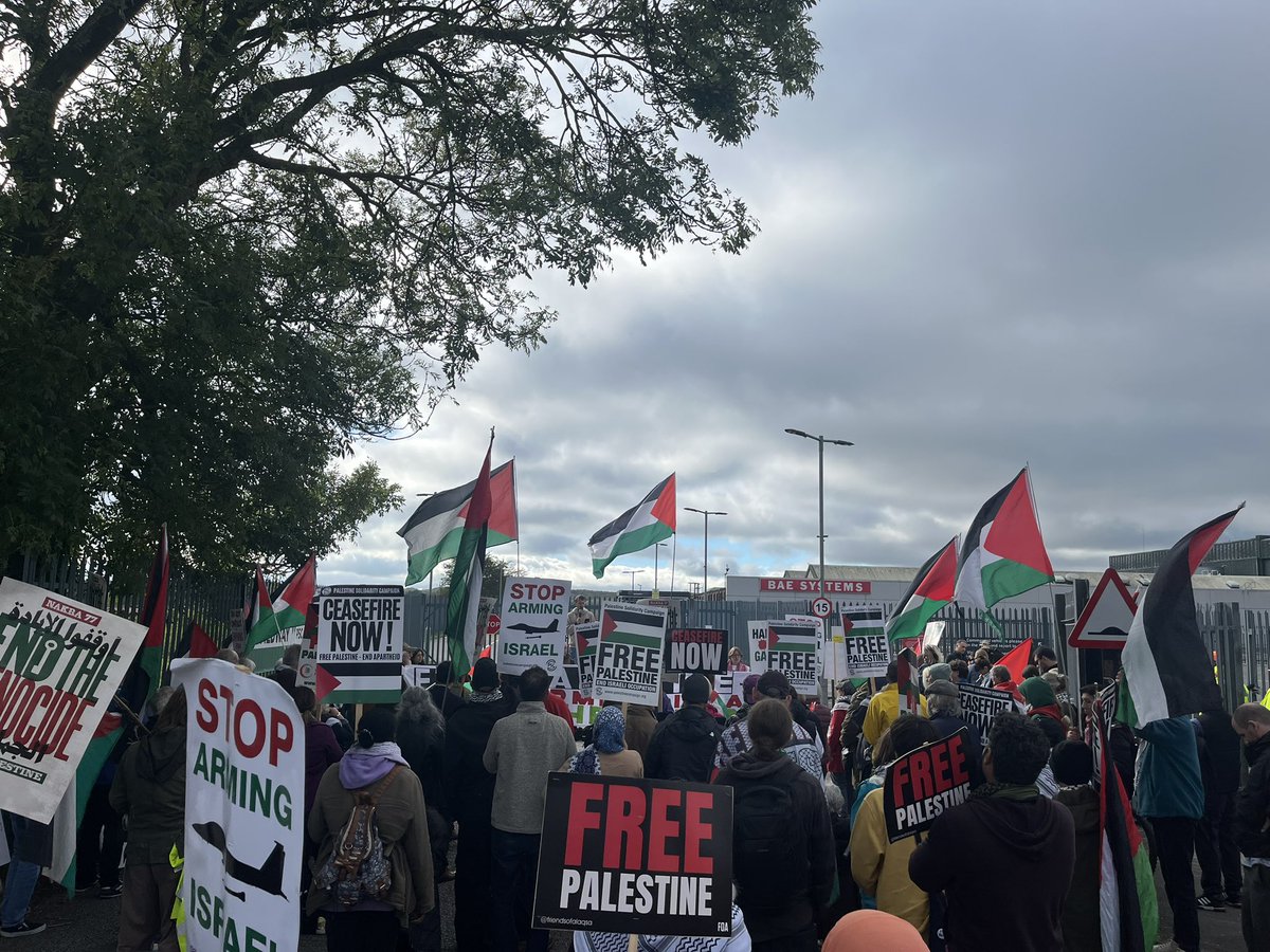 PSCupdates's tweet image. Protestors outside BAE systems in Rochester to demand Britain #StopArmingIsrael. This is part of a series of actions across the country outside sites that supply components for fighter jets that Israel uses to kill Palestinians.