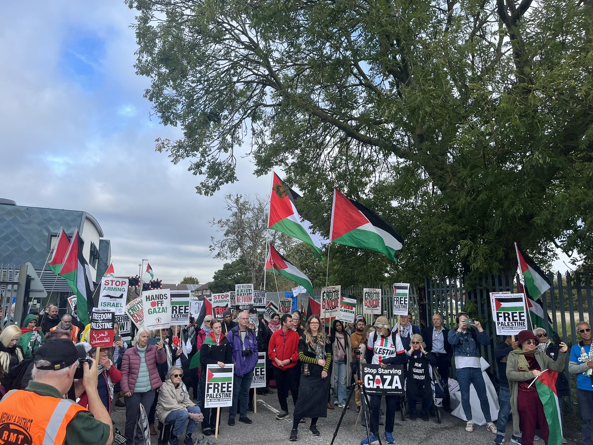 PSCupdates's tweet image. Protestors outside BAE systems in Rochester to demand Britain #StopArmingIsrael. This is part of a series of actions across the country outside sites that supply components for fighter jets that Israel uses to kill Palestinians.