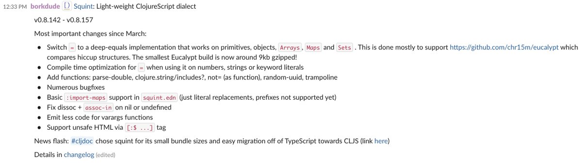 borkdude's tweet image. The most important #squintcljs updates since March:

github.com/squint-cljs/sq…

#clojurescript #clojure