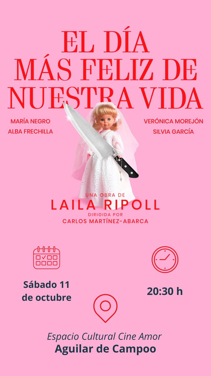 El sábado 11 de octubre podeís disfrutar de las "cuatrillizas de Socuéllamos" en el Festival Aguilar Aescena de Aguilar de Campoo.

📍Espacio Cultural  Cine Amor
⌚️20:30h.

¡Os esperamos!
#ValquiriaTeatro #Eldiamasfelizdenuestravida #AguilarAescena