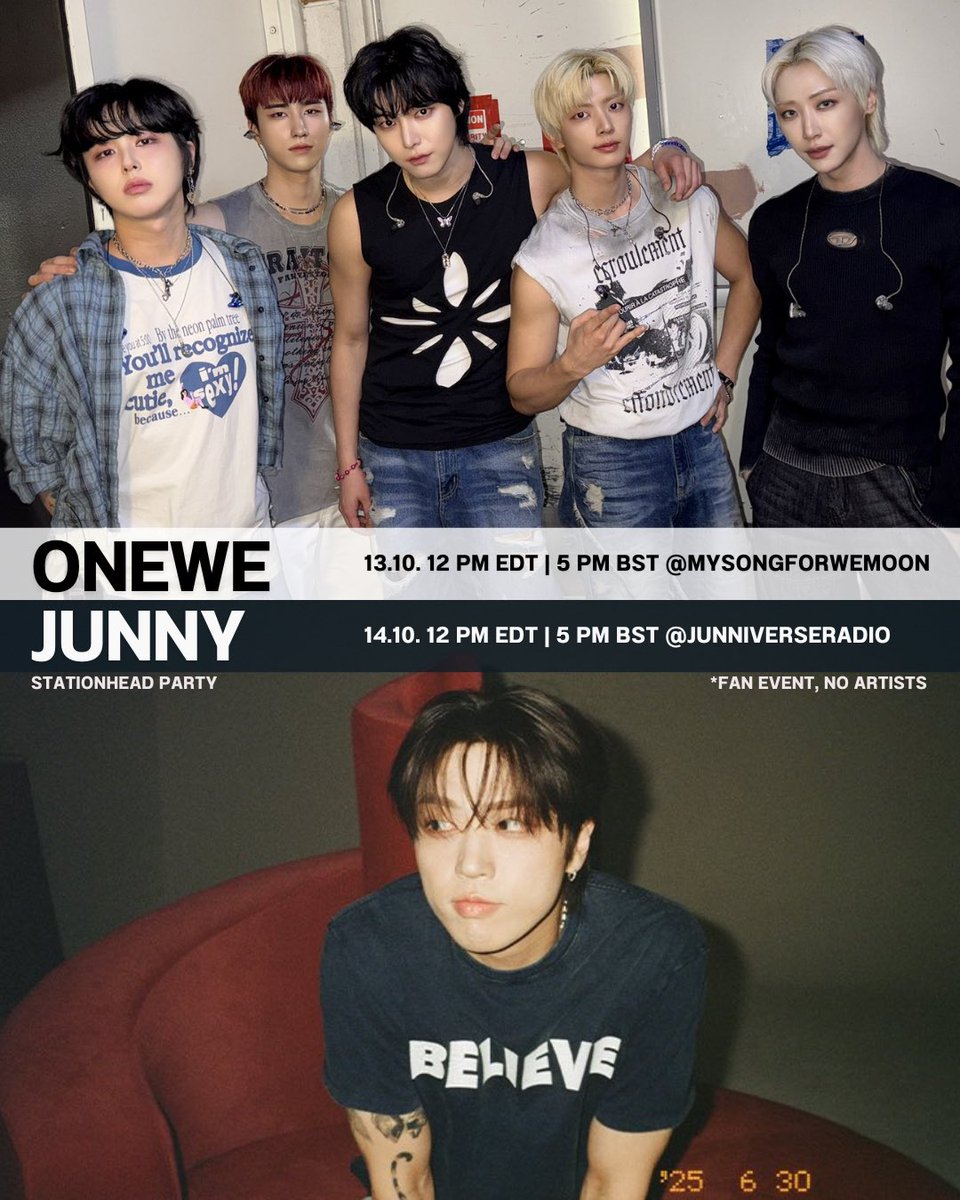 #STATIONHEAD STREAMING PARTY 🎉

#JUNNIVERSE and #WEVE - join our upcoming #JUNNY x #ONEWE collab with <a href="/mysongforwemoon/">My Song for WeMoon - ONEUS + ONEWE Station</a> 

📍OCT 13: 12pm EDT | 5pm BST
stationhead.com/mysongforwemoon

📍OCT 14: 12pm EDT | 5pm BST
stationhead.com/junniverseradio

<a href="/_jnkmsc_/">JUNNY | 주니</a> <a href="/official_ONEWE/">원위 (ONEWE)</a>
<a href="/mauvecompany/">모브컴퍼니 (mauve company)</a> 

#KRnB