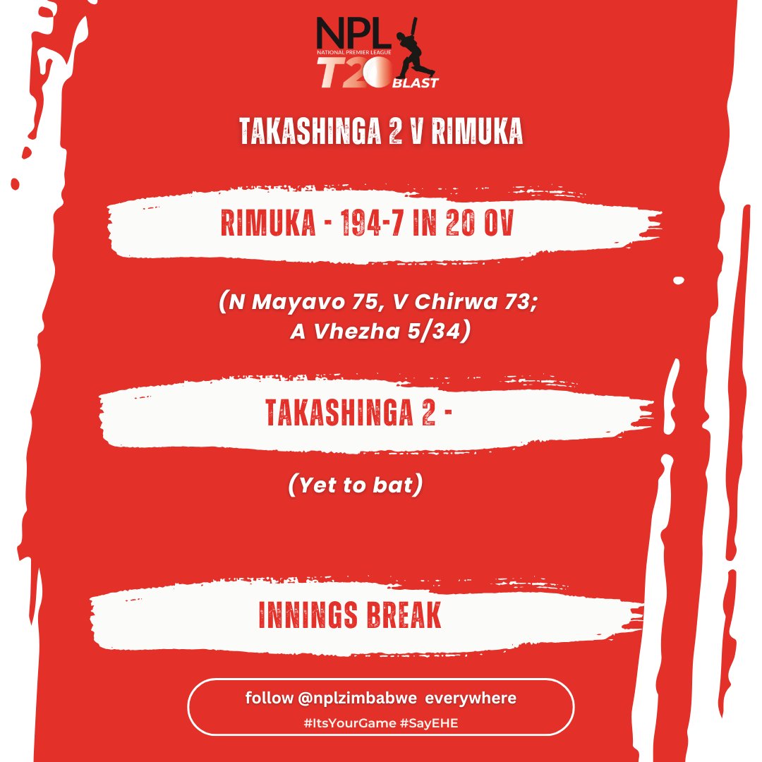 nplzimbabwe's tweet image. INNINGS BREAK: Arineshto Vhezha picks up his second fifer of the season, but Rimuka put up a massive score. Who takes this one? 

#NPLT20Blast2025 #ItsYourGame #SayEHE