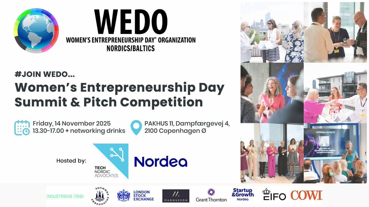 TechNordicAdv's tweet image. 🌍 Join our annual &quot;Women&apos;s Entrepreneurship Day Summit &amp;amp; Pitch Competition&quot;

🗓️ 14th of November at Pakhus 11, in Copenhagen

See the full programme and how to join HERE: buff.ly/T8DeGUL 
(Please note separate links for application to 🎤 pitch vs 🎫 guest tickets)