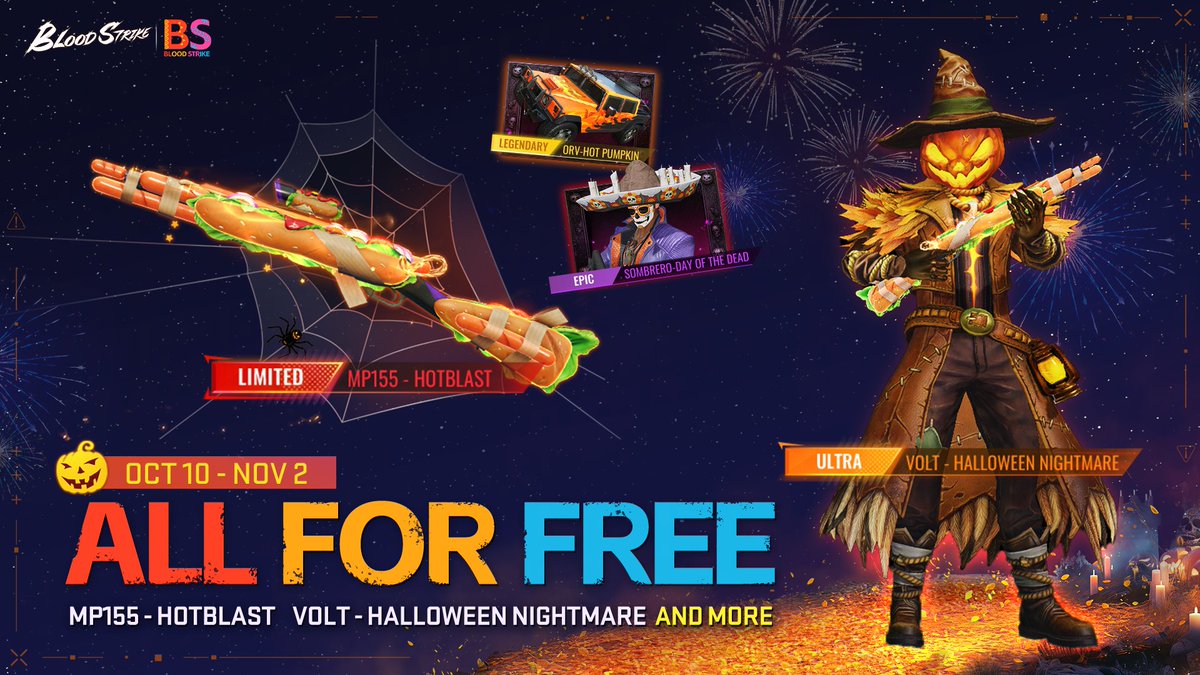 You read that right. It's ALL FOR FREE!

Claim a huge collection of free rewards, including the Ultra Volt - Halloween Nightmare, the Limited MP155 - Hotblast, and more!

#BloodStrike #BS