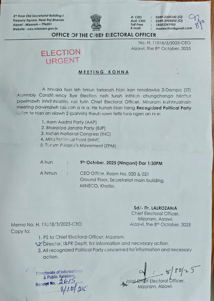 2-Dampa (ST) Assembly Constituency Bye Election neih turah inthlan chungchanga hriattur pawimawh inhrilhhriatna meeting Recognised Political Party te tan koh a ni
