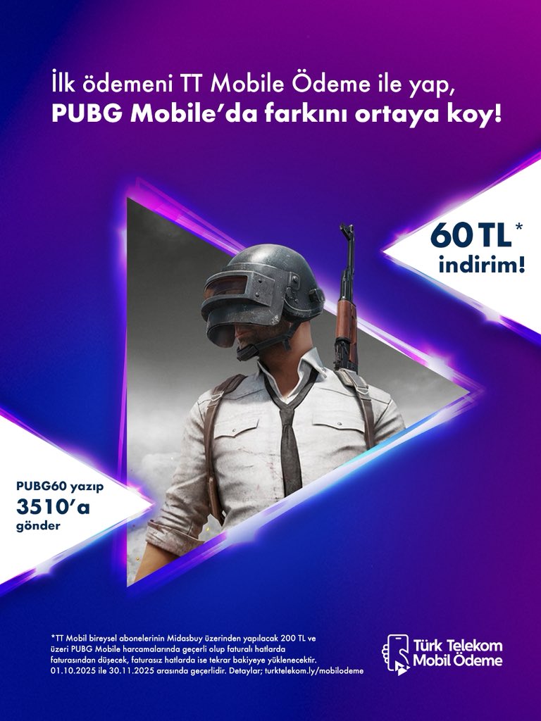 Türk Telekom Mobil Ödeme ile Midasbuy üzerinden PUBG Mobile’da yapacağın ilk 200 TL ve üstü harcamada 60 TL indirim seni bekliyor. 🎮🔥  

Yeni sezonun ödüllerini ve sürprizlerini Türk Telekom Mobil Ödeme ayrıcalığıyla keşfet!