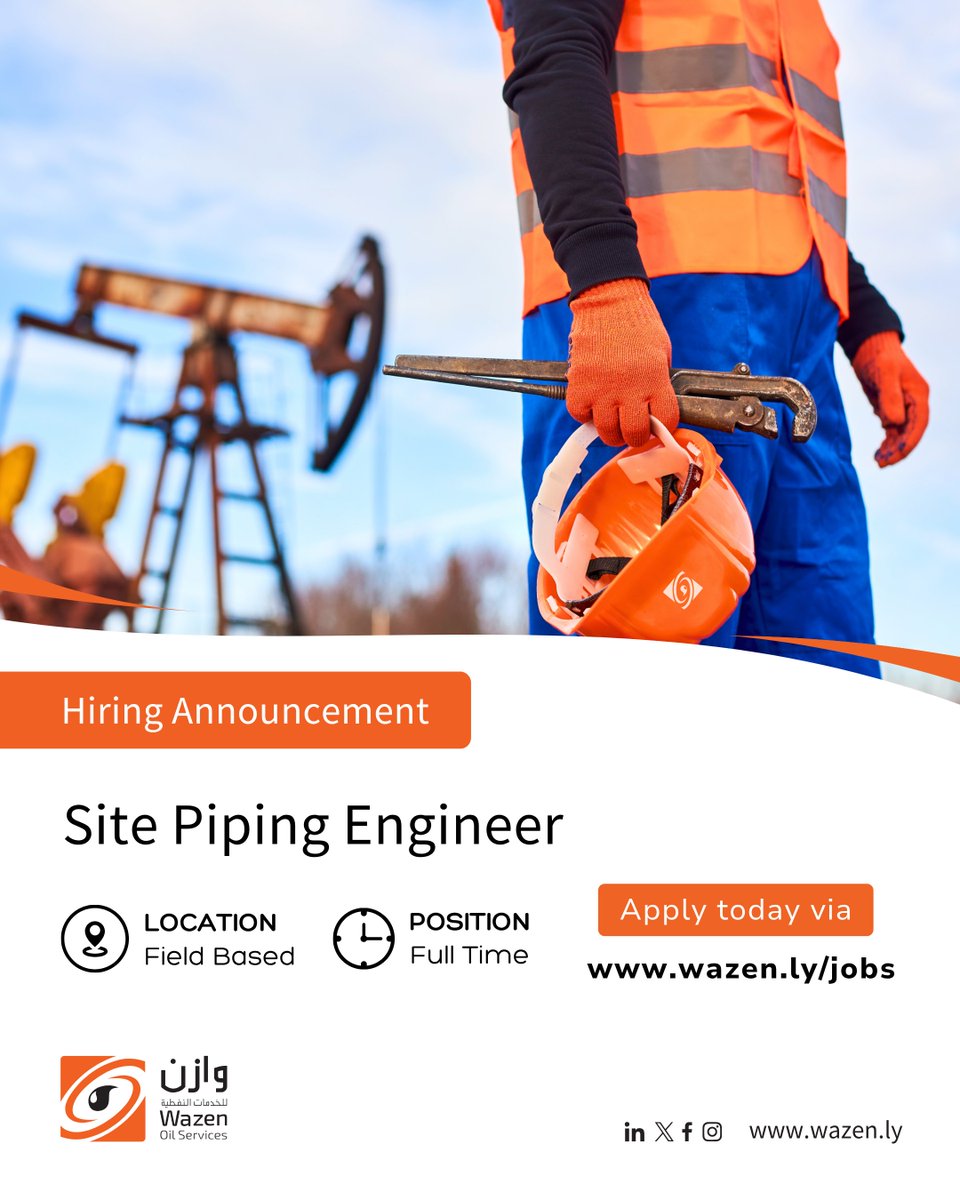 WazenOil's tweet image. We’re hiring a Site Piping Engineer in Libya.

7–10 yrs oil &amp;amp; gas piping/site supervision exp. required.

Apply now: info@wazen.ly

#PipingEngineer #OilAndGasJobs #LibyaJobs #NowHiring