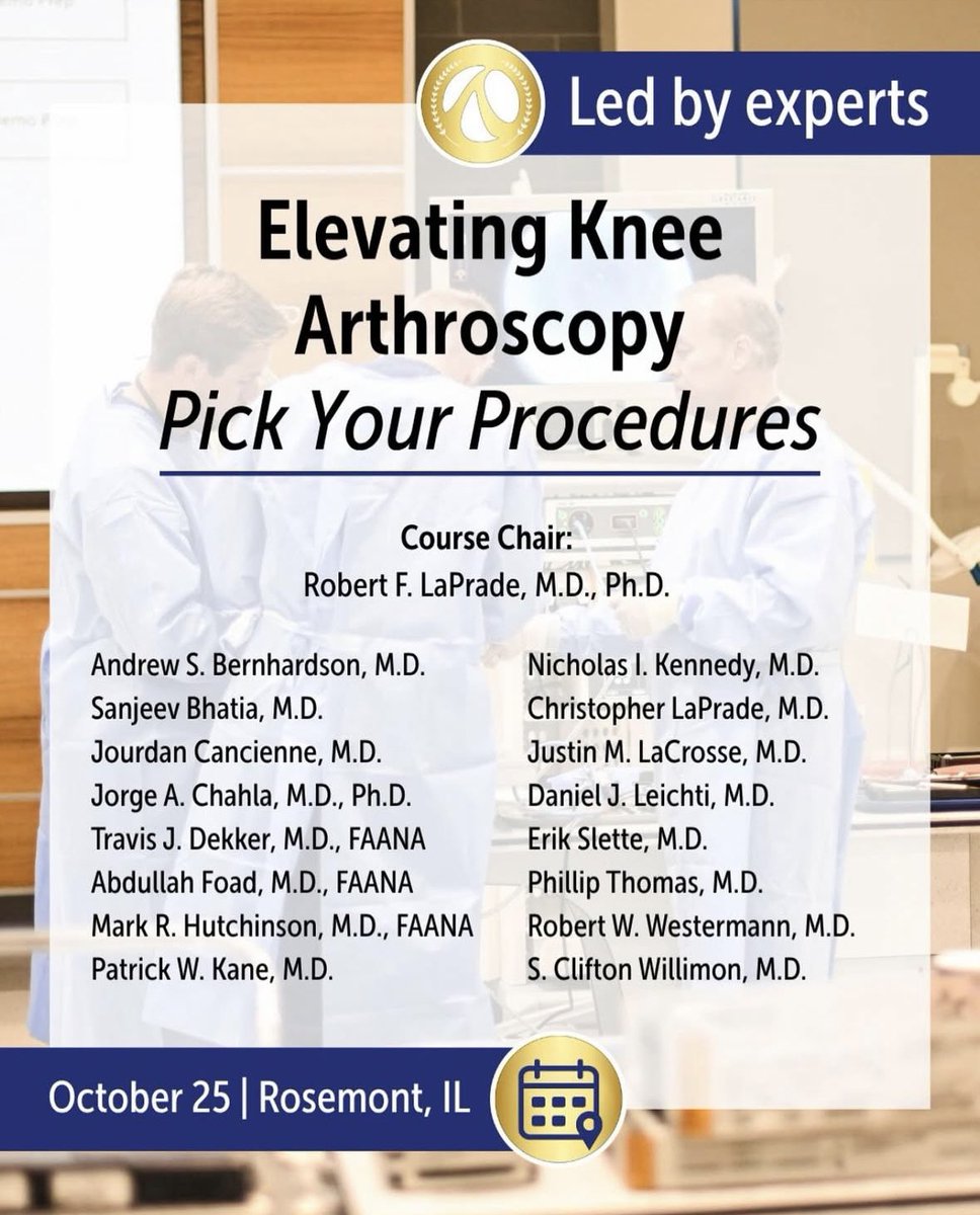 Will be helping out at the <a href="/AANAORG/">AANA</a> lab course Oct 24-25 in Chicago. Come learn some of the latest techniques and surgical pearls in complex ligament reconstruction and knee preservation.