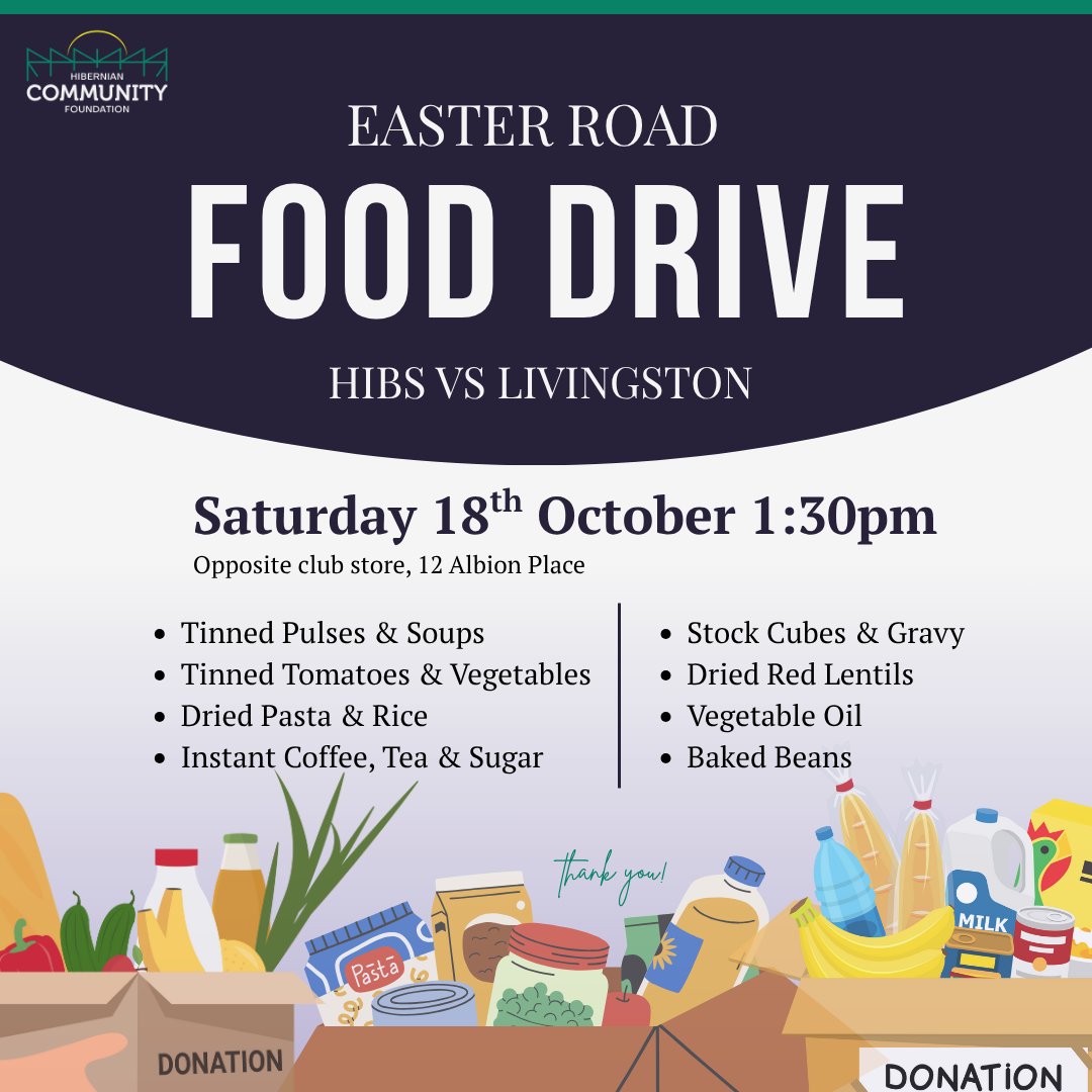 HibsinCommunity's tweet photo. Food Drive at Easter Road 💜🥫🏟

At this weekend's @HibernianFC  match against Livingston FC, we will be hosting a food drive for our community kitchen and pantry. The food donated will support our weekly community meal provisions; supporting those who need it most as we approach the colder months.

The food drive will begin from 1.30pm, with all donations welcome until 10 minutes before kick-off.

Help us turn your donations into hot, healthy and nutritious dishes made in live time by our dedicated family of community meal volunteers.

💜💚🥫