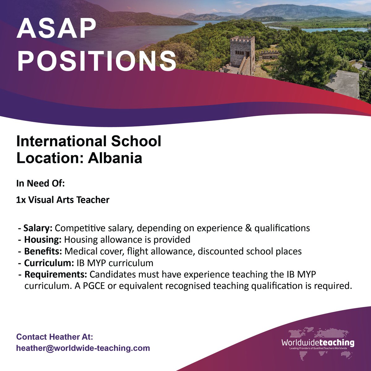 Worldwide_Teach's tweet photo. 🎨 Now Hiring: Visual Arts Teacher – Albania 🇦🇱
An International School in Albania is seeking a passionate Visual Arts Teacher to join their team ASAP!

📩 Interested? Contact Heather at:
 heather@worldwide-teaching.com
#ArtTeacher #VisualArts #TeachingAbroad #IBTeacher #IBMYP https://t.co/lKOg1lx3kj
