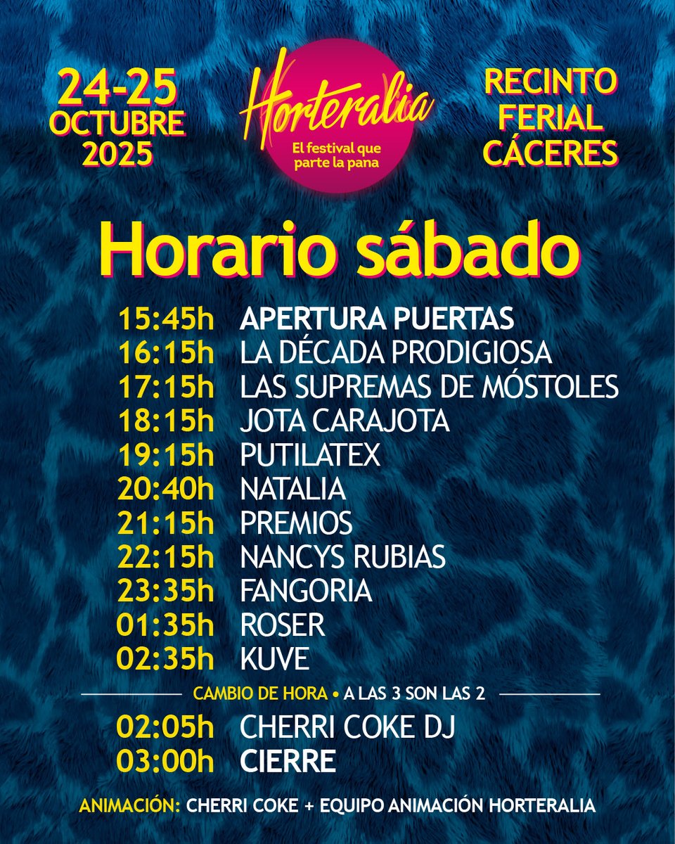 Horteralia's tweet photo. ⏰ Ya puedes organizar tus looks y bailes, hortefan 👉 ¡estos son los HORARIOS de Horteralia C��ceres 2025!

📌 Guárdatelos bien para no perderte nada.

🎟️ Abonos y entradas de día en https://t.co/1ox3baigB6 https://t.co/4rMm7G56Cy