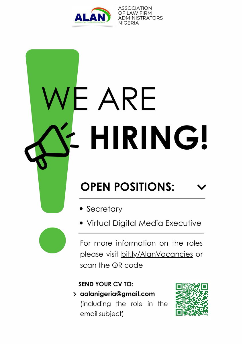 ALAN is hiring for two dynamic, virtual roles!

- Secretary
- Virtual Digital Media Executive

View full details here: bit.ly/AlanVacancies or by scanning the code on the flyer.

📧 Send your CV to aalanigeria@gmail.com (include the role in the subject!)