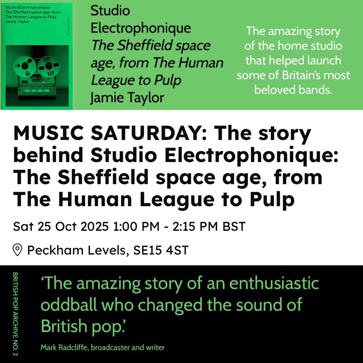 ManchesterUP's tweet image. Join @ColdTapFilms at @peckhamlevels later this month as he shares the amazing story of the home studio that helped launch some of Britain’s most beloved bands, including Pulp and The Human League. 

25th October
Tickets still available here: tickettailor.com/events/thesout…
#London
