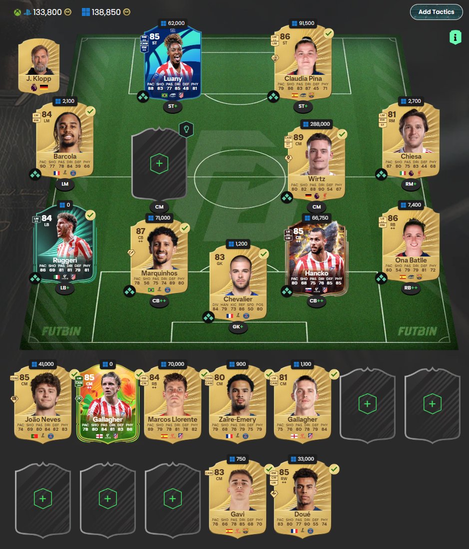 acivenese's tweet photo. @berkhastaken @box2boxfut @fifa_romania cm'ye benchdeki oyunculardan herhangi birini koyabilirsin 33 kimya olacak. 2 tane sbc yapman lazım bir de paran varsa joao alırsın yoksa senin elindeki doue veya gavi de şimdilik oynar gallager kartı gelecek onu koyarsın ilerde. sadece battle ve chiesa alman yeterli https://t.co/XijIxGEhlm