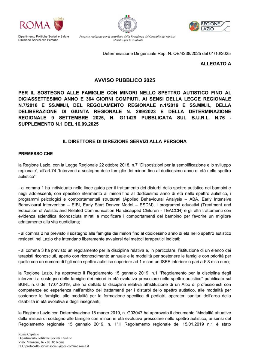 Avviso pubblico per il sostegno alle famiglie con #minori nello spettro autistico shorturl.at/dxUxd 
domande entro mercoledì 15 ottobre <a href="/Roma/">Roma</a> #Roma 
#autismo