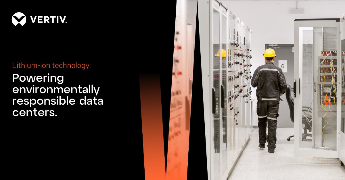 Vertiv's tweet image. What powers your data center? 

Transitioning to efficient lithium-ion batteries can advance and contribute to data centers’ responsible business growth and environmental goals. Learn why it matters: ms.spr.ly/6010sltt0

#AIDataCenters #AIReadySolutions #AIWorkloadChallenge
