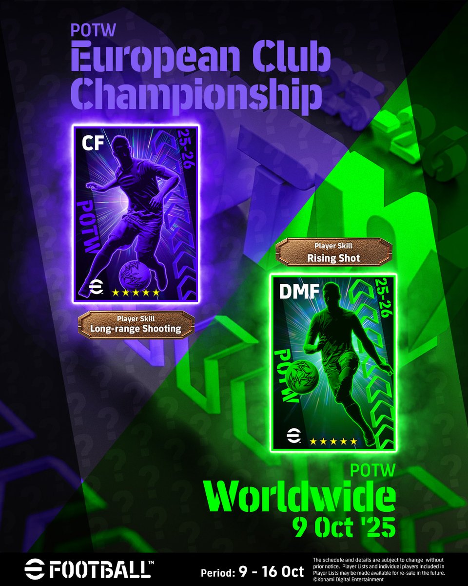 play_eFootball's tweet image. Can you guess who they are 🤔

After Maintenance tomorrow, Eleven players from national leagues and European competitions will be featured!

Check the in-game #POTW: ‘European Club Championship’ and ‘Worldwide 9 Oct &apos;25’ 👀

Play here!
brnw.ch/21wWrHT

#eFootball
