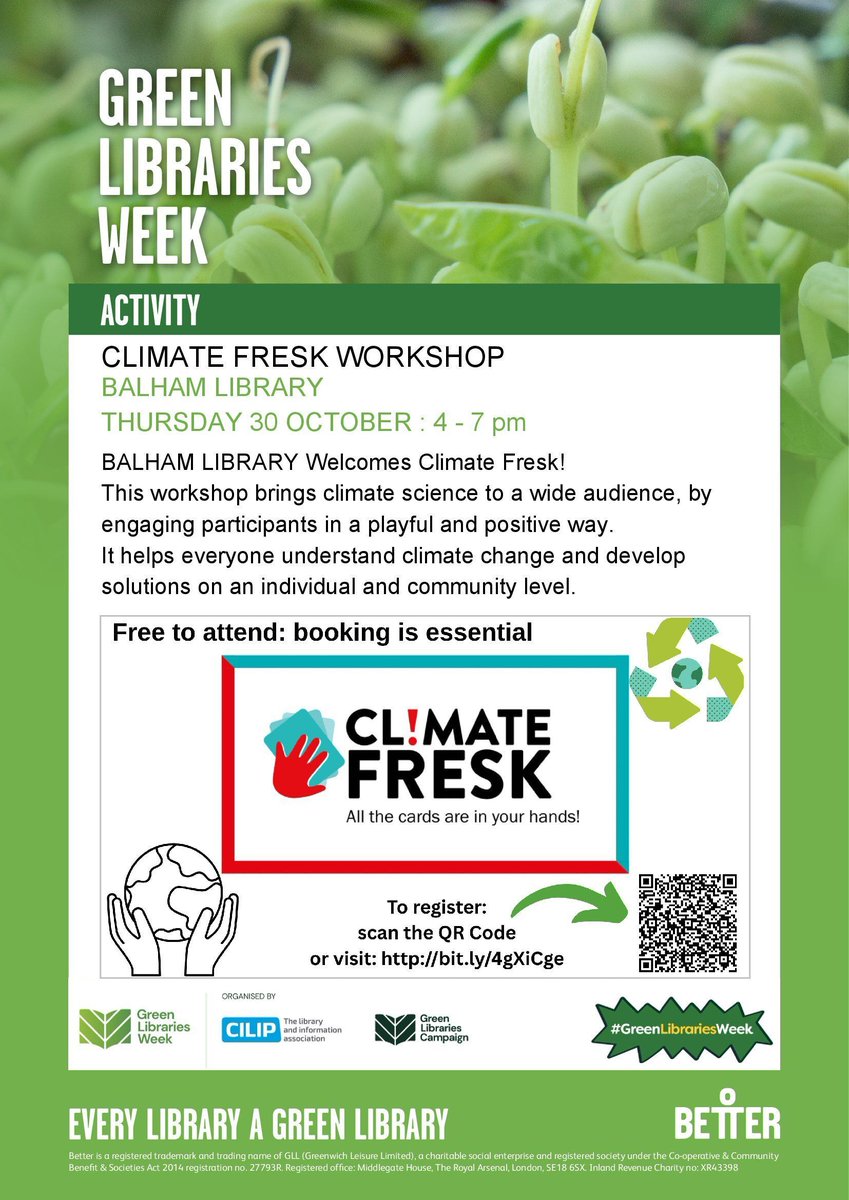 Better_Balham's tweet image. Celebrate #GreenLibrariesWeek with a CLIMATE FRESK workshop at BALHAM LIBRARY on Thurs 30 Oct 4 - 7pm. Bringing climate science to a wide audience, by engaging participants in a playful and positive way. Free but booking is essential visit: bit.ly/4gXiCge @WandsworthLibs