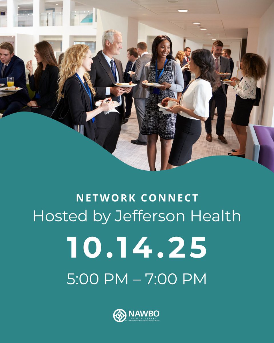 Network Connect @ Jefferson Health • Tue 10/14, 5–7 PM (Cherry Hill)
Wellness mini-sessions + catered dinner &amp; great networking. RSVP:
nawbosouthjersey.org/events/network…

#NAWBOSouthJersey #WomenInBusiness #WomensWellness