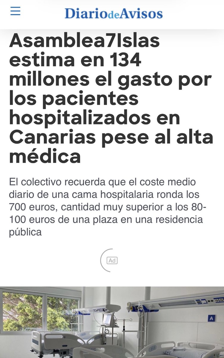 Entre todos tenemos que seguir trabajando como ya estamos haciendo para mejorar la falta de camas socio sanitarias en Canarias. 🛏️ y seguir potenciando centros de día geriátricos y atención domiciliaria 

Muchas personas mayores y pacientes con alta hospitalaria pendiente esperan