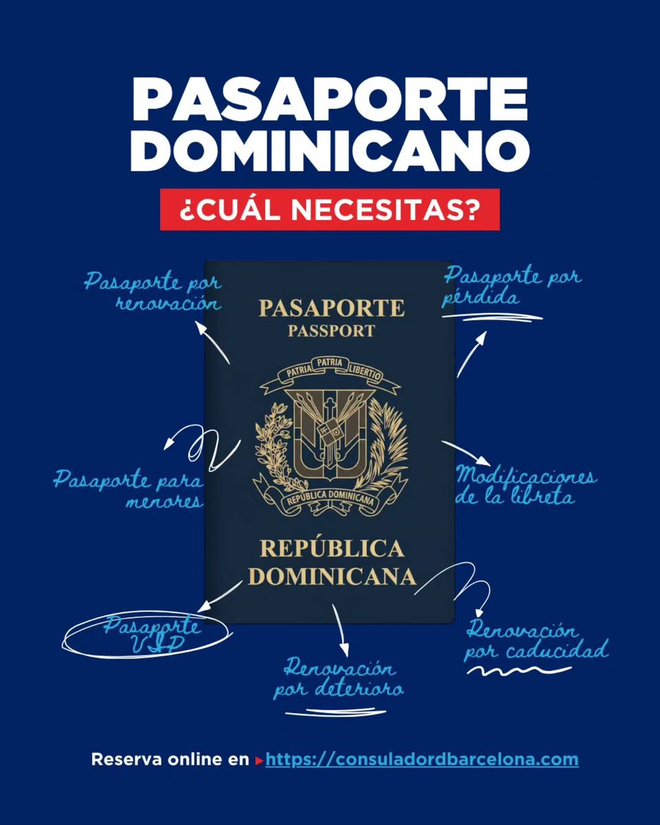 🇩🇴✈️ ¿Sabías que hay distintos tipos de pasaporte dominicano según tu necesidad?
En el Consulado de RD en Barcelona puedes solicitar:
🔹 Renovación
🔹 Pasaporte para menores
🔹 Rectificaciones
🔹 Pasaporte VIP (entrega prioritaria)

📅 Cita previa obligatoria