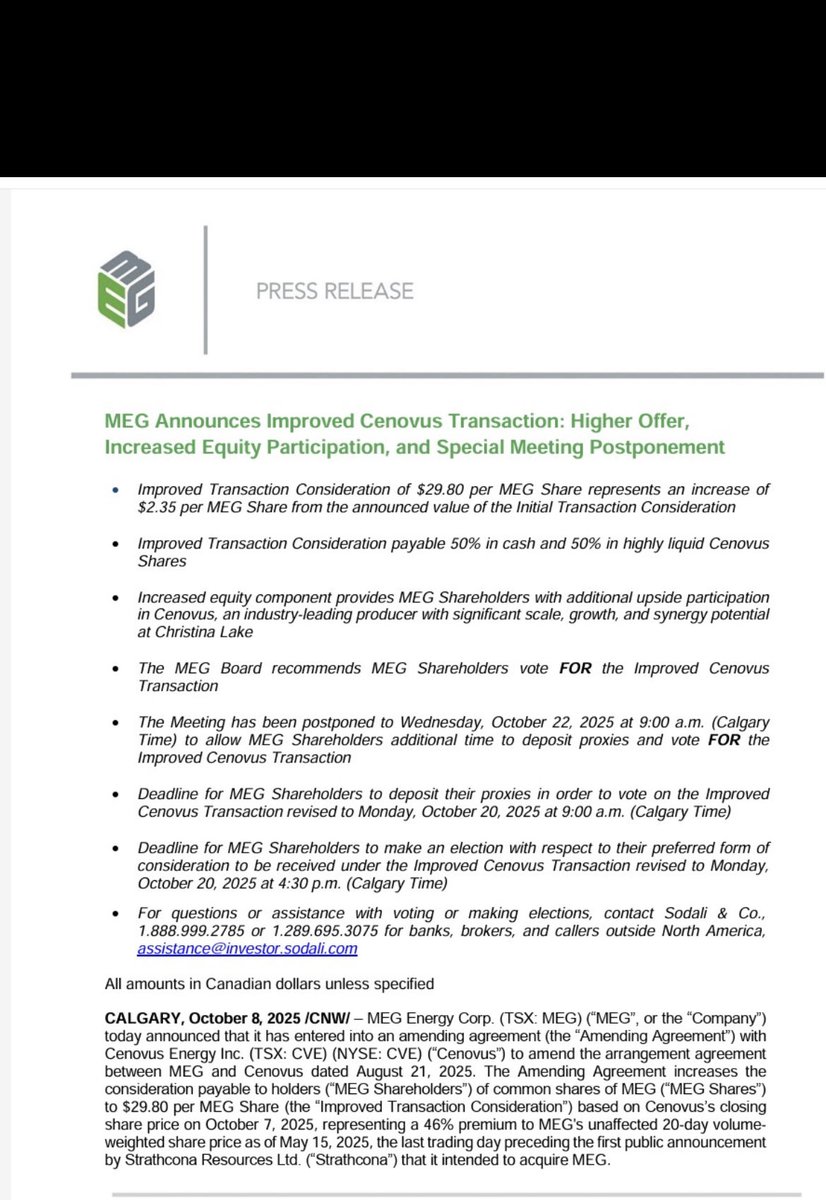 PetroGirl1's tweet photo. CENOVUS $CVE UPS BID TO BUY MEG $MEG #OilMergers #oott #oil π $sgy $wvp $cj $tve $bte $soil.to @PetroGirl1 https://t.co/vRMjpuwsYW