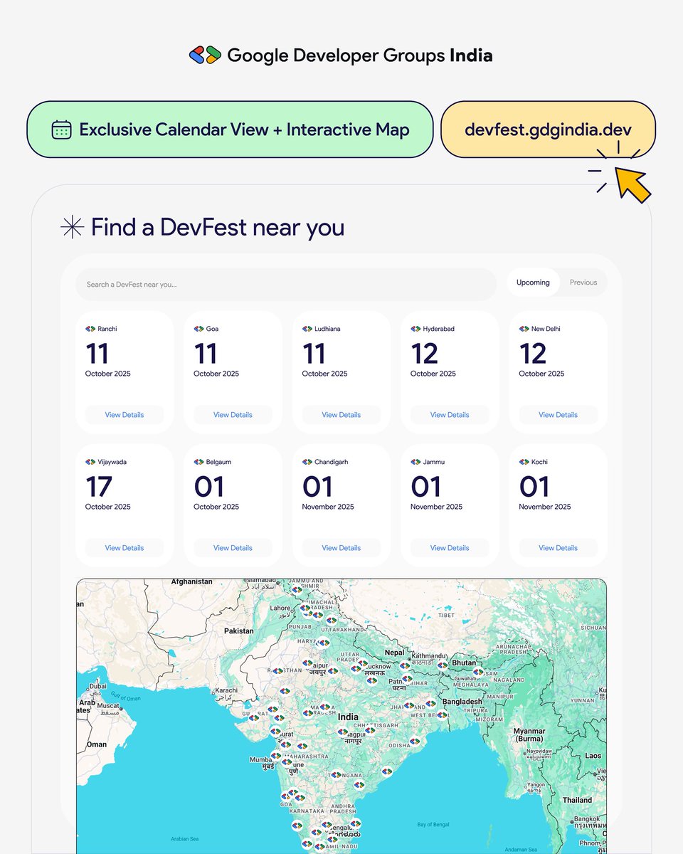 GDGIndia's tweet image. Looking for a DevFest near you? 👀
Visit “devfest.gdgindia.dev” 🌐