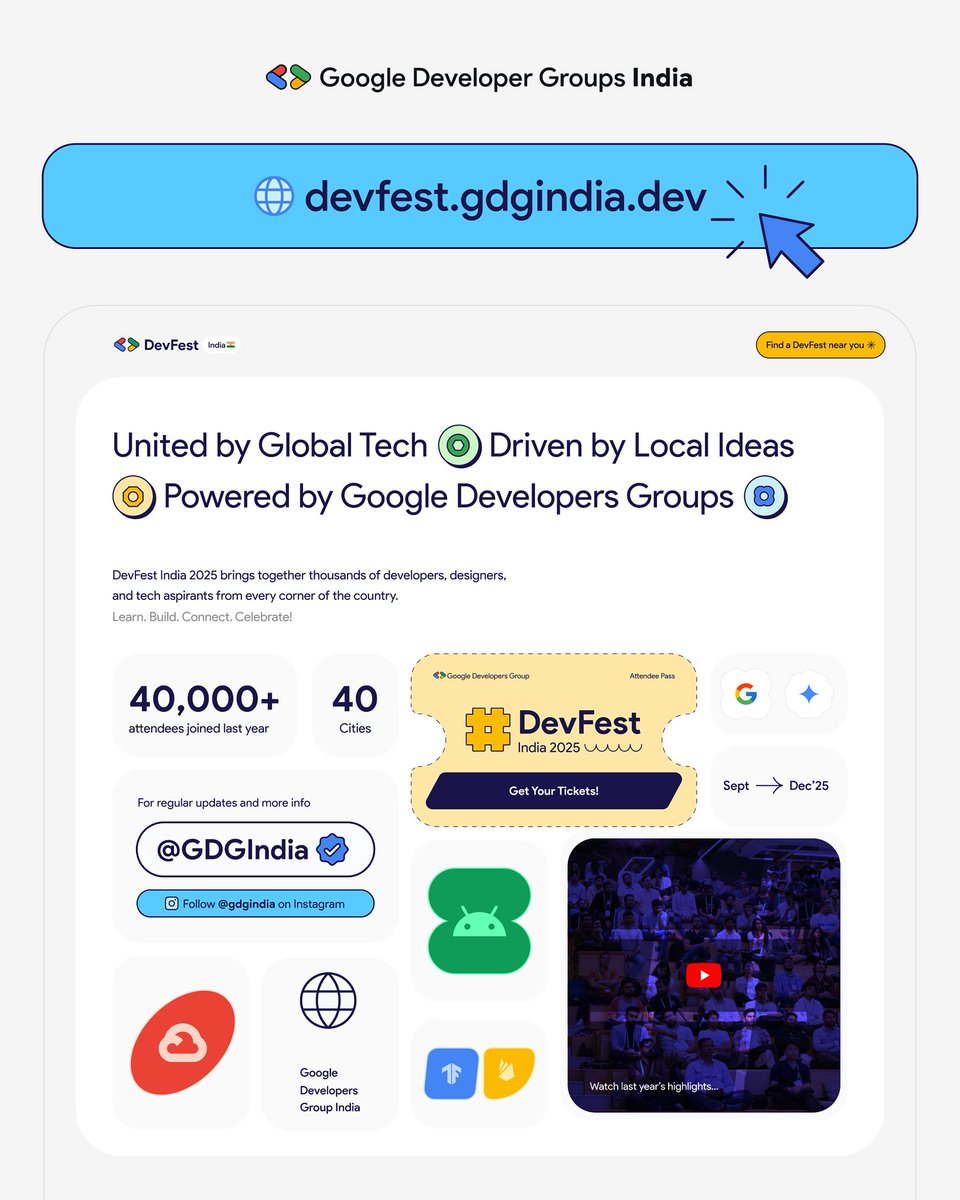 GDGIndia's tweet image. Looking for a DevFest near you? 👀
Visit “devfest.gdgindia.dev” 🌐
