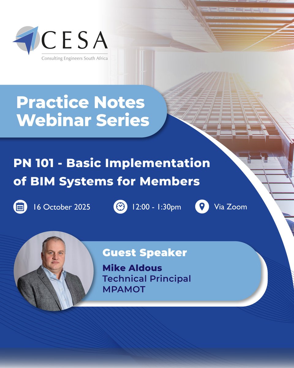 The_CESA's tweet image. Enhance your BIM knowledge at our next Practice Notes Webinar on 16 October, focusing on PN 101: Basic Implementation of BIM Systems for Members! Join civil engineer, Mike Aldous from @mpamot. Register Now: cesa.co.za/eventreg/?id=4…

#PracticeNotes